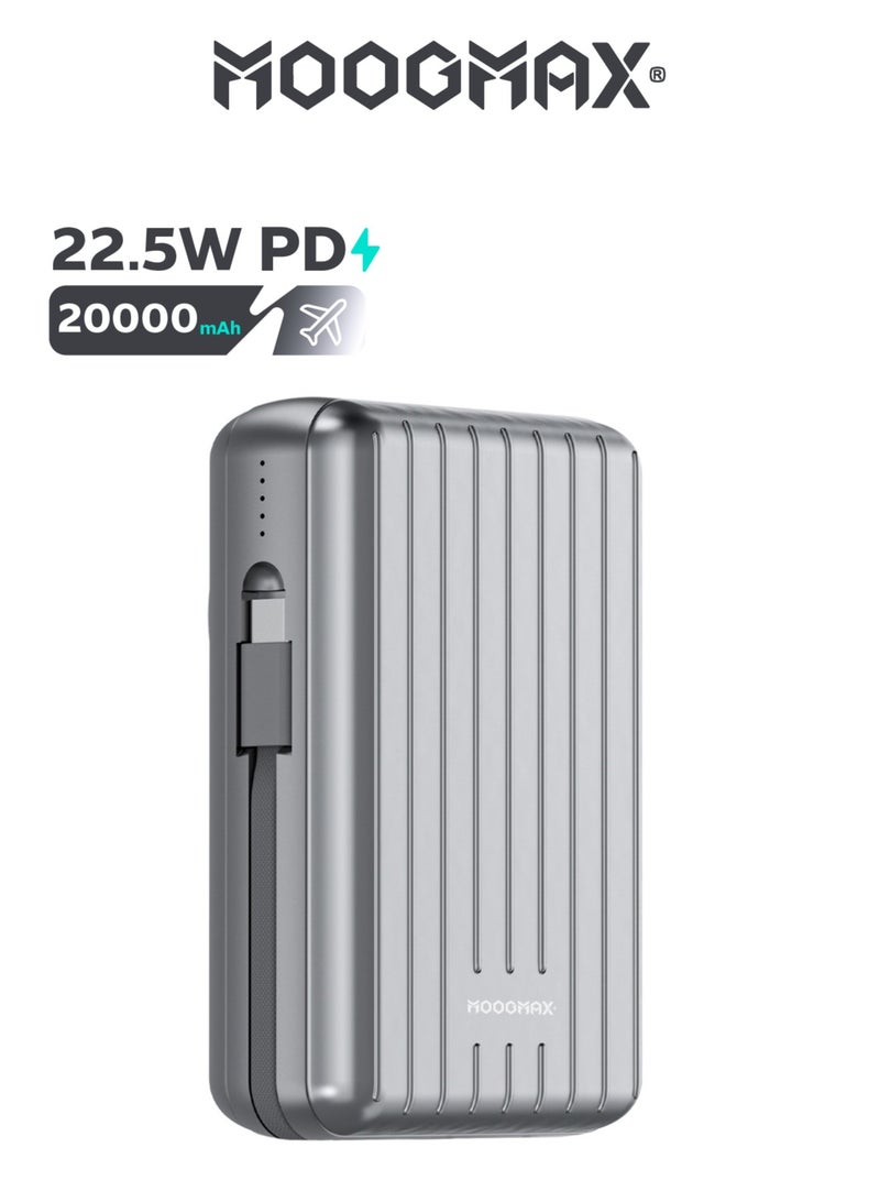 MOOGMAX 20000mAh Trunk series magnetic wireless power bank  22.5W super-charging, two built-in cables with 15W wireless charging, 3 external ports 1 Type-C and 1 Type-A, and a Lightning port. Silver - Image 1